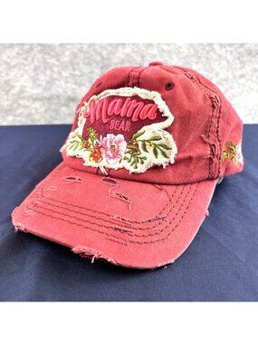 Mama Bear Embroidered 4350 District Cap Hat With Hook Loop Back Red Distressed
